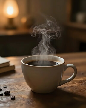 image en gros plan d'une tasse blanc dans laquelle il y a du caf&eacute; noir chaud qui fume