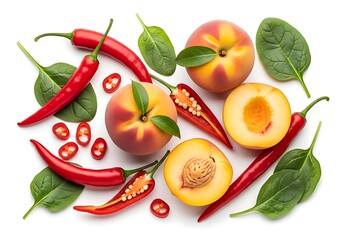Naklejka premium Fresh peaches and red chili peppers on leaves