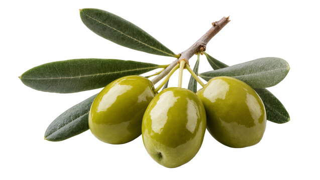 Isolated vibrant green olives on an olive tree branch with fresh leaves, healthy ingredient