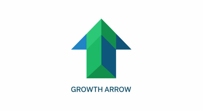 Abstract upward arrow symbol in green and blue polygons
