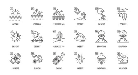 Obraz premium Minimalist natural biomes line icon set with geography landscape weather phenomenon and desert symbols vector