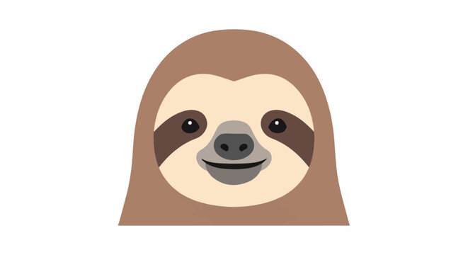 Flat design illustration of a smiling sloth face, with brown fur and pale accents