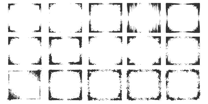 Set of black grunge square frames, distressed textured borders and rough edge photo masks vector illustration.