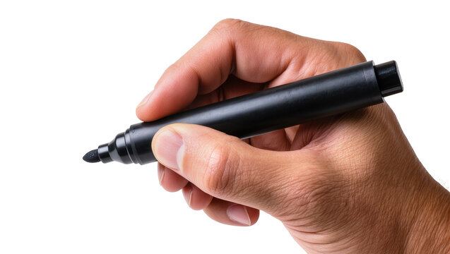 Isolated human hand holding a black permanent marker pen ready to write or draw