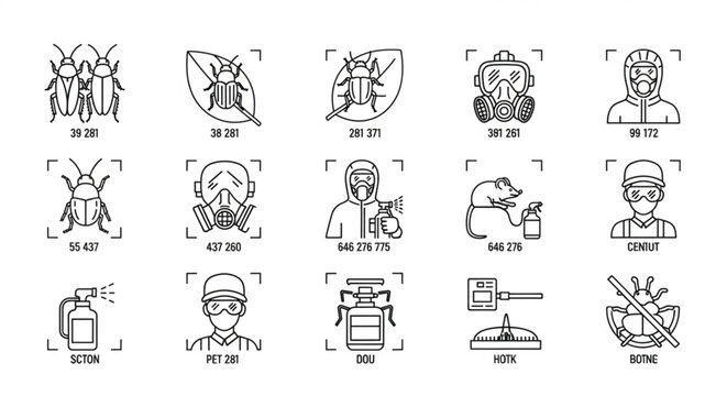 Minimalist pest control line icon set with professional exterminator chemical spray and insect ban symbols vector