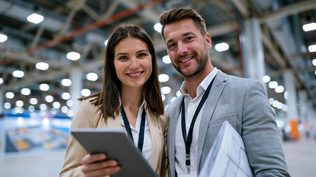 Trade show booth architect walking client through three-dimensional venue floor plan on tablet while standing inside empty exhibition hall before setup begins, large architectural plans visible unde