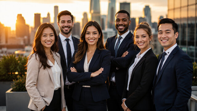 filename,title,description,keywords,category
business_team_rooftop.jpg,"Successful Business Team on Rooftop Terrace at Sunset","Diverse multinational business team standing confidently on a rooftop te