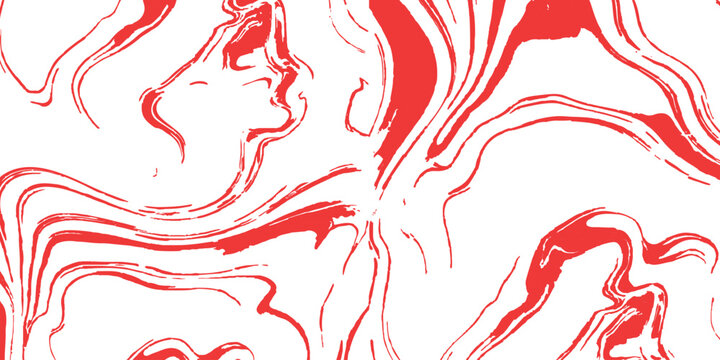 Abstract fluid red marble texture, dynamic liquid swirl pattern and flowing ink bleed ebru vector illustration.