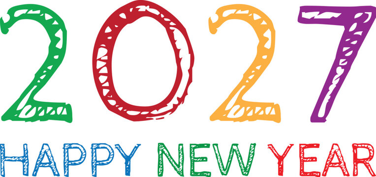 Colorful 2027 happy new year greeting card design with handdrawn style numbers and text