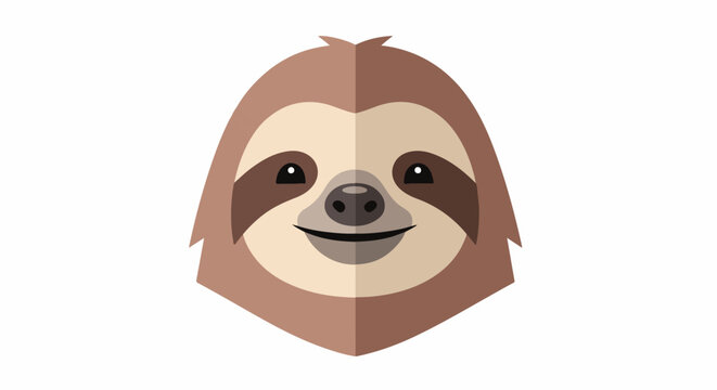 Stylized, flat design of a friendly sloth's face with large, dark eyes and a gentle smile