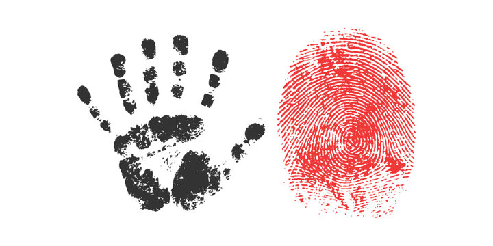 Grunge black human handprint and red fingerprint biometric identity scan concept vector illustration.