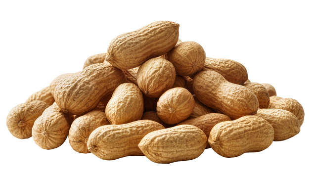 Isolated pile of natural whole peanuts in shells, delicious and healthy snack food ingredient