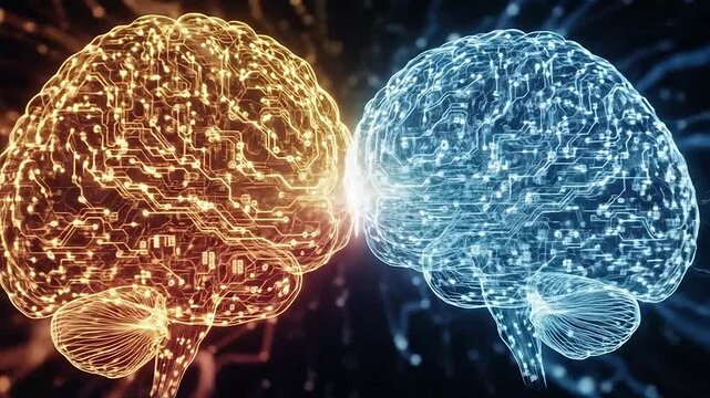 A digital representation of two human brains connected by a glowing light beam