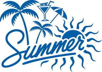 Obraz premium Summer holiday beach vacation background. Tropical palm tree silhouette with sun design. Hand drawn calligraphy lettering poster. Retro vector illustration logo icon template.