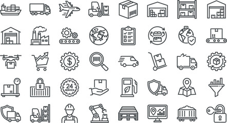 Fototapeta premium Logistics Supply Chain and Warehouse Management Outline Icon Set with Cargo Shipping, Delivery Trucks, Forklifts, Global Distribution, and Industrial Manufacturing Symbols