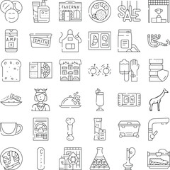Fototapeta premium Assortment of linear vector icons displaying a variety of objects and concepts related to business, food, science, health, and everyday consumer products