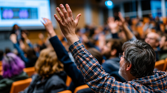 Philosopher of mind and neuroscientist co-presenting consciousness research to a packed lecture theater audience, slide showing neural correlate diagrams, audience members raising hands in vigorous 