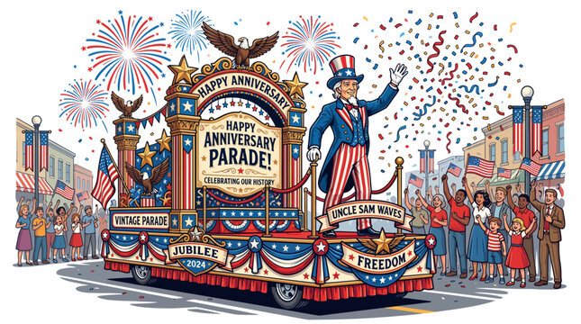 Vibrant patriotic parade float with Uncle Sam waving amidst confetti and fireworks, celebrating freedom and jubilee, ideal for national holidays, community events, and American pride promotions.