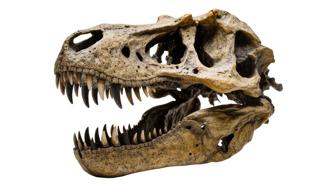 Isolated Tyrannosaurus Rex fossil skull showing intricate details and menacing sharp teeth