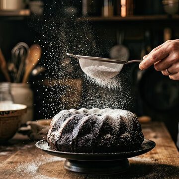 Dusting Powdered Sugar on Chocolate Bundt Cake