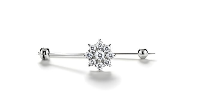 Elegant white gold lapel pin featuring a delicate floral diamond cluster center piece on a polished silver bar