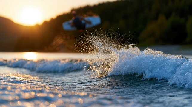 extreme water sports, dynamic wakeboarder executes aerial trick above shimmering lake, with golden hour reflections, dramatic splash, and high-contrast sunlight premium sports editorial with