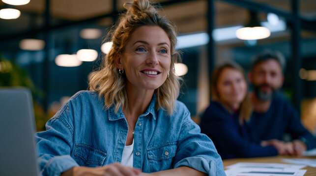 Startup marketing manager unveiling referral program launch materials to enthusiastic sales team in glass-walled office, printed referral cards and incentive tier charts spread across table, energy 
