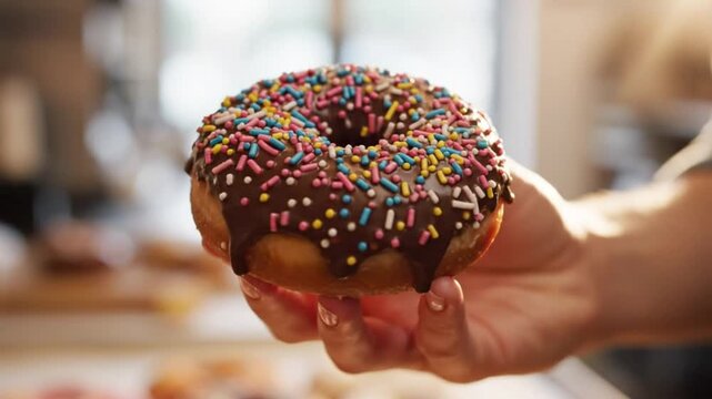 Hand holding a colorful glazed donut with chocolate icing and sprinkles in bright bakery lighting
