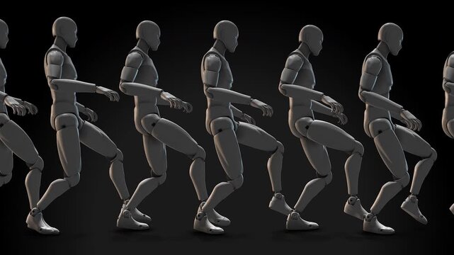 A group of Androgynous AI Humanoids slowly tiptoeing in a line. 

