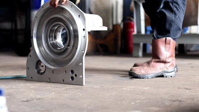 ​A close-up shot of an industrial mechanic cleaning a heavy-duty metal bearing housing unit using an air hose compressor on a workshop floor.
