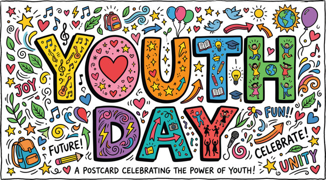 Youth Day postcard celebrating power of youth with colorful lettering and kids icons, vector illustration for greeting cards and motivational posters