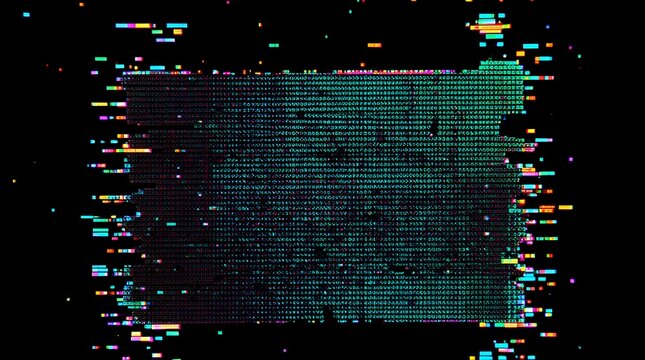 Glitchy digital code screen with colorful distortion