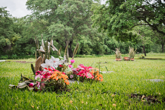 Arreglo floral sobre tumba en cementerio de Jujuy como s&iacute;mbolo de recuerdo y homenaje