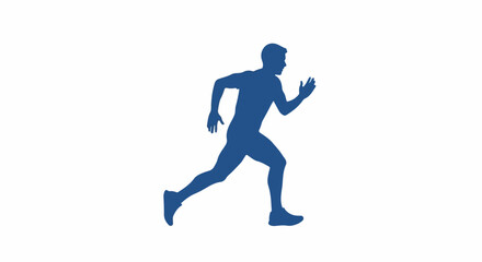 Fototapeta premium Blue silhouette of a male runner in mid-stride, depicted against a white background