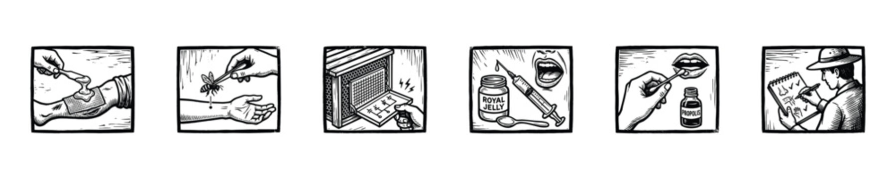 Medical illustrations depicting various treatments and research methods for bee stings and related products
