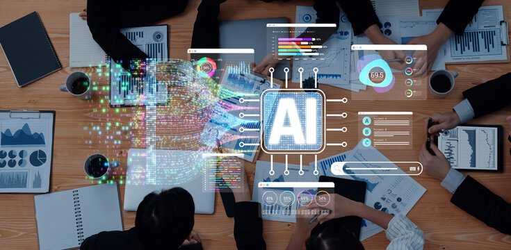 Business Team Collaborating to Analyze Data with Artificial Intelligence Technology and Graphs in a Modern Office Environment Sigmoid