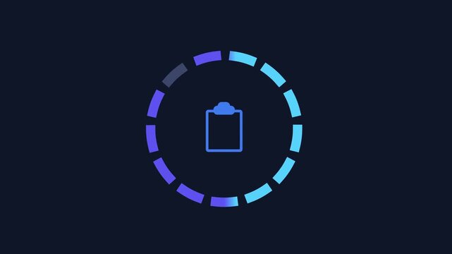 Animated digital interface featuring a clipboard icon surrounded by a circular progress indicator on a dark background, representing task management, workflow tracking, documentation, and operational 