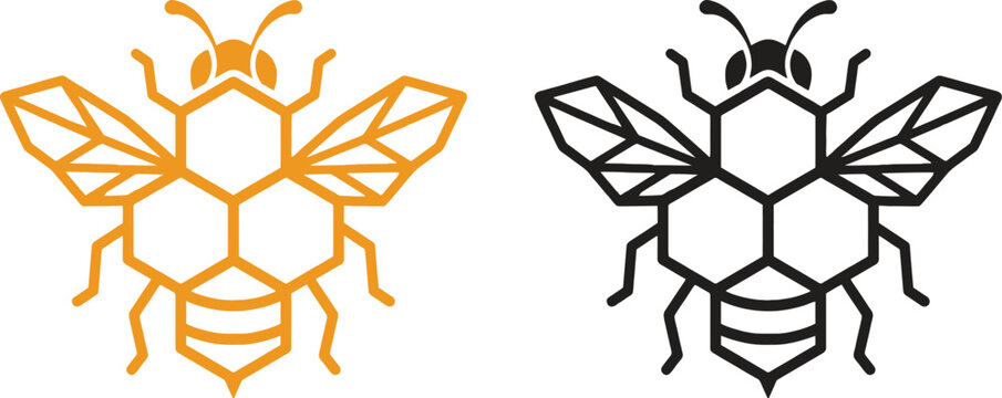 Geometric bee icon set with honeycomb body and wing shapes in orange and black line art style