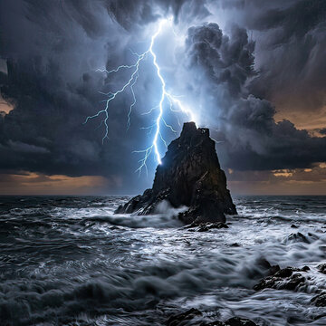 Dramatic Lightning Storm Over Sea Rock