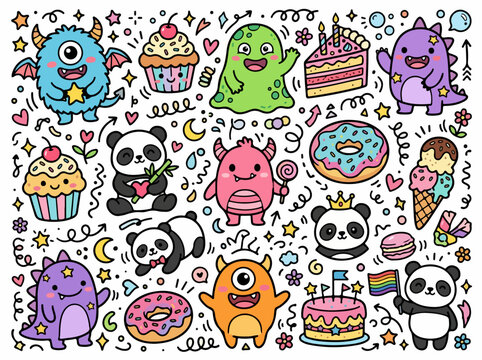 Doodle art kit composition with monster