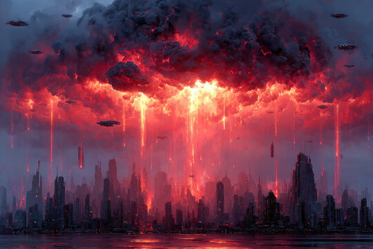 Apocalyptic futuristic city under massive fiery storm clouds with alien spacecraft invasion