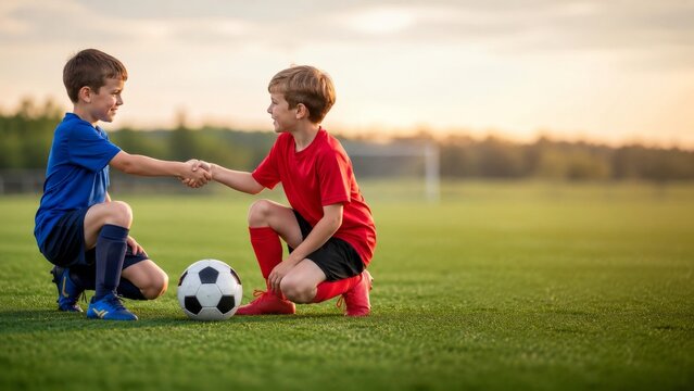 Young Soccer Players Shaking Hands After Match at Sunset