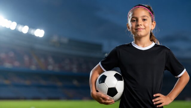 Young Female Soccer Player Holding Ball in Stadium Lights