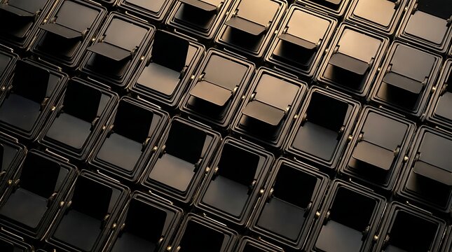 Empty black mechanical split flap display board modules arranged in a dense grid pattern for retro information communication and data scheduling