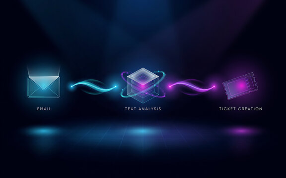 Neon-lit workflow process with email, text analysis, and ticket creation