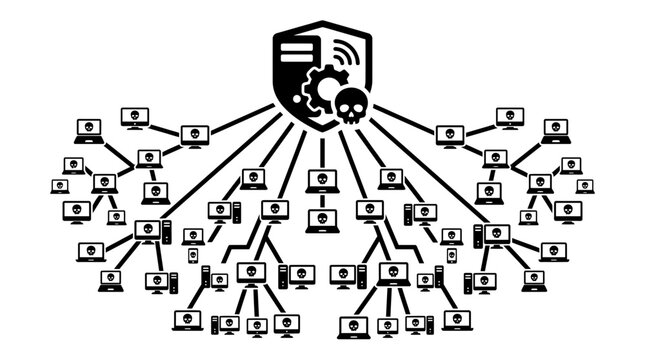 Cyber Attack Network Diagram: Botnet Malware Control Server and Infected Devices