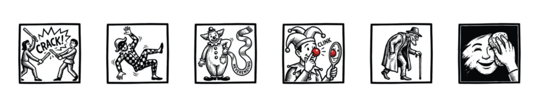 Collection of vintage illustrations depicting various humorous and dramatic scenes