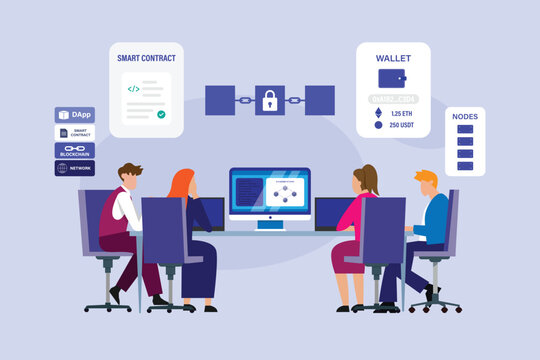 Blockchain Technology Development Team Programming Smart Contracts and Crypto Wallets 2d flat vector illustration
