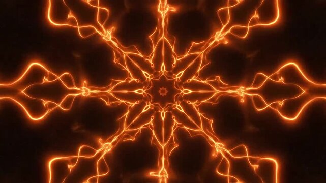 Abstract glowing orange lightning bolts radiate from a central dark point