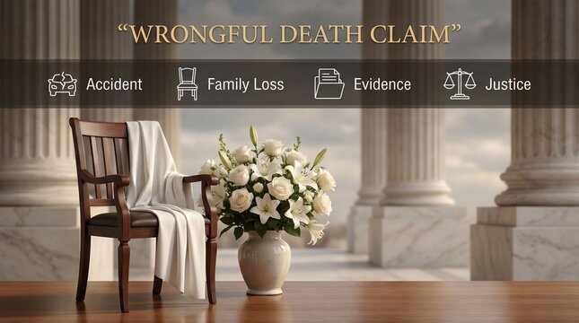 Funeral setting with chair and floral arrangement conveying wrongful death claim concept and legal pursuit of justice and compensation.